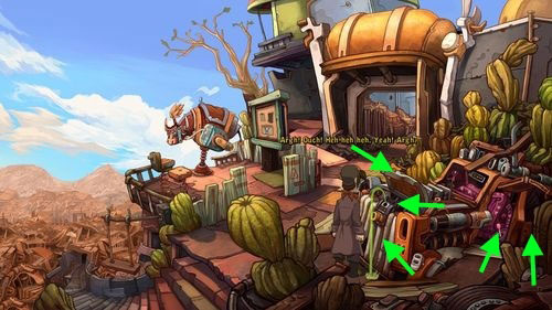Return to the village center and go in front of the gate - Find coffee water ingredients - Part 1 - Kuvaq - Deponia - Game Guide and Walkthrough