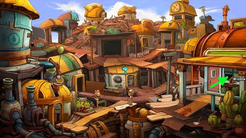 Leave the Town Hall and head to Toni's shop but do not enter inside - Contact Cletus - Part 1 - Kuvaq - Deponia - Game Guide and Walkthrough