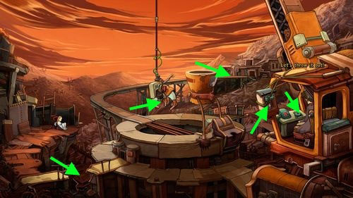 Rufus and unconscious Goal are near the junk mine, but there is mine cart missing, so Goal can't be transported any further - Fix the mine cart - Part 2 - Junk Mine - Deponia - Game Guide and Walkthrough