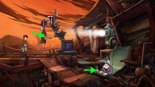 Notice that the semaphore with the skeleton is lower now - take the Key - Place Goal in the mine cart - Part 2 - Junk Mine - Deponia - Game Guide and Walkthrough