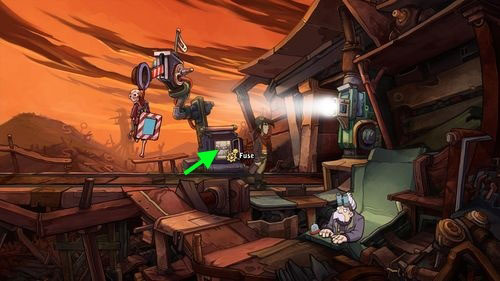 Use the Wrench on the Maintenance Hatch next to the semaphore to open it - Place Goal in the mine cart - Part 2 - Junk Mine - Deponia - Game Guide and Walkthrough
