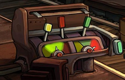 One of the correct solutions is shown on the above screen (yellow and green lever down, red lever up, left switch on green, right switch on red) - Get to Lower Ascension Station - Part 2 - Junk Mine - Deponia - Game Guide and Walkthrough