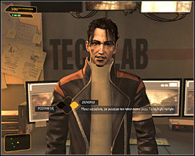 Go inside, walk to Frank Pritchard and initiate a conversation with him #1, so the scientist could repair main characters damaged implant - (1) Meeting Pritchard - Back in the Saddle - Deus Ex: Human Revolution - Game Guide and Walkthrough