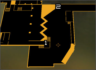 Map legend: 1 - Main entrance to the plant; 2 - A road leading on the top of containers (to the air vent) - (2) Peaceful option: Getting inside the plant - Securing Sarifs Manufacturing Plant - Deus Ex: Human Revolution - Game Guide and Walkthrough