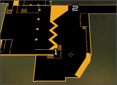 Map legend: 1 - Main entrance to the plant; 2 - A road leading on the top of containers (to the air vent) - (2) Aggressive option: Getting inside the plant - Securing Sarifs Manufacturing Plant - Deus Ex: Human Revolution - Game Guide and Walkthrough