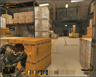 Head north, hiding near crates after few meters - (3) Peaceful option: Getting to the elevator - Securing Sarifs Manufacturing Plant - Deus Ex: Human Revolution - Game Guide and Walkthrough