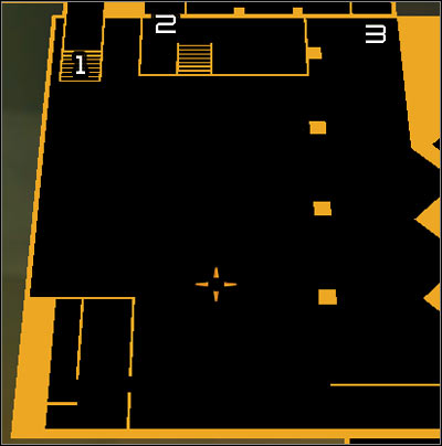 Map legend: 1 - Passage to the lobby; 2 - Door to the main corridor; 3 - Ladder leading to the air vent - (3) Peaceful option: Getting to the elevator - Securing Sarifs Manufacturing Plant - Deus Ex: Human Revolution - Game Guide and Walkthrough
