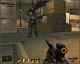 Return to the place where youve eliminated first terrorist and now take care of his buddy - he is searching for something in the crate #1 - (3) Peaceful option: Getting to the elevator - Securing Sarifs Manufacturing Plant - Deus Ex: Human Revolution - Game Guide and Walkthrough
