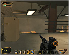 Stay in the area and use nearby crates #1 in order to get to the upper balcony (you have to jump over the railing) - (3) Peaceful option: Getting to the elevator - Securing Sarifs Manufacturing Plant - Deus Ex: Human Revolution - Game Guide and Walkthrough