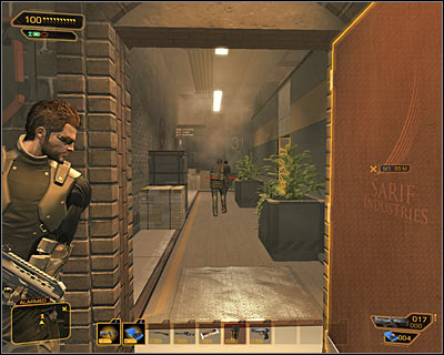 Open a door and shoot enemies in the corridor - (3) Aggressive option: Getting to the elevator - Securing Sarifs Manufacturing Plant - Deus Ex: Human Revolution - Game Guide and Walkthrough