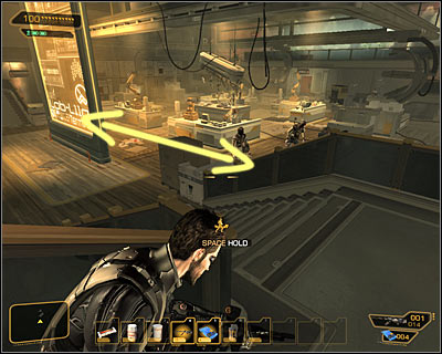 There are four opponents in Lab 1 room - (5) Peaceful option: Securing the assembly lab - Lab 1 - Securing Sarifs Manufacturing Plant - Deus Ex: Human Revolution - Game Guide and Walkthrough