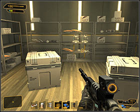 Be careful, because a corridor leading to the storage room is patrolled by a terrorist #1 - (8) Peaceful option: Securing the assembly lab - Lab 2 - Securing Sarifs Manufacturing Plant - Deus Ex: Human Revolution - Game Guide and Walkthrough