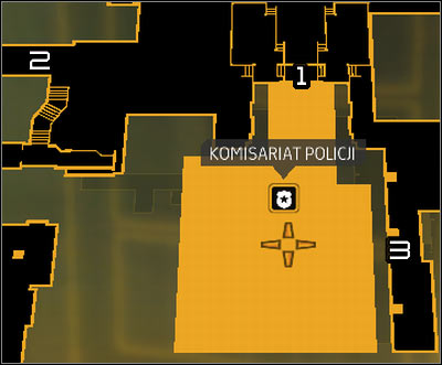 Map legend: 1 - Main entrance to the police station; 2 - Descend to the sewers; 3 - Outside staircases - (2) Getting inside the police station - Investigating the Suicide Terrorist - Deus Ex: Human Revolution - Game Guide and Walkthrough