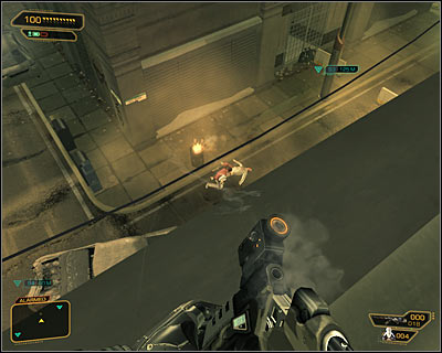 Stand close to the edge and start shooting at the enemies - (1) Aggressive option: Reaching the antenna - Stopping the Transmission - Deus Ex: Human Revolution - Game Guide and Walkthrough