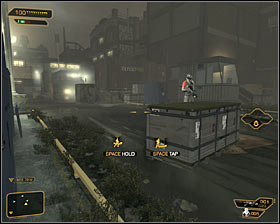 If youre going to quietly get rid of local opponents, I suggest reaching north-western part of the square and eliminating a mercenary patrolling an area near one of the trucks #1 - (1) Getting near the main building - Following the Clues in Highland Park - Deus Ex: Human Revolution - Game Guide and Walkthrough