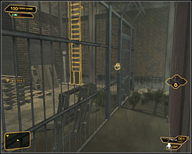 A first option is to use a passage located in north-western part of the square, hidden behind the containers #1 - (1) Getting near the main building - Following the Clues in Highland Park - Deus Ex: Human Revolution - Game Guide and Walkthrough