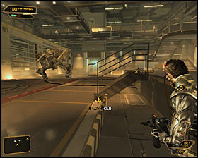 Stand quick behind the closest rate #1, so a big mech visible in the distance cant attack you - (3) Peaceful option: Crossing by first part of the camp - Following the Clues in Highland Park - Deus Ex: Human Revolution - Game Guide and Walkthrough