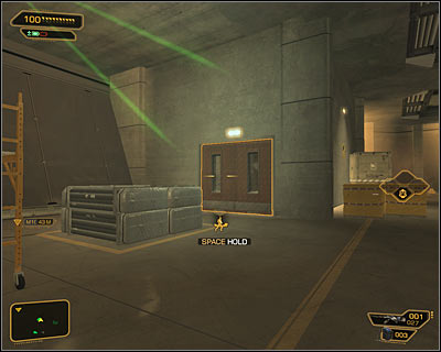 In order to get to the actual mission goal you should use the door located in south-western part of the hall (screen above) - (4) Aggressive option: Crossing by second part of the camp - Following the Clues in Highland Park - Deus Ex: Human Revolution - Game Guide and Walkthrough