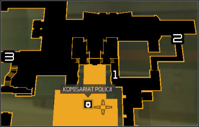 Map legend: 1 - Closed gate; 2 - Corridor with electricity discharges; 3 - Descent to the sewers - Motherly Ties (steps 1-3) - Side quests - Deus Ex: Human Revolution - Game Guide and Walkthrough
