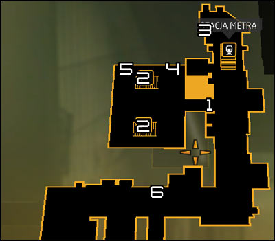 Map legend: 1 - Main passageway guarded by Belltower units; 2 - Stairs leading to the entrance to the building; 3 - Entrance to the first shaft; 4 - Exit from the first shaft; 5 - Entrance to the second shaft; 6 - Scaffolding leading to alternative paths to the building - (3) Peaceful solution: Entering the Hengsha Court Gardens building - Hunting the Hacker - Deus Ex: Human Revolution - Game Guide and Walkthrough
