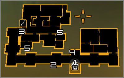 Map legend: 1 - Exit from the elevator; 2 - Exit from the main shaft; 3 - Main entrance to hacker's apartment; 4 - Entrance to the new shaft; 5 - Exits from the new shaft - (4) Entering the hacker's apartment - Hunting the Hacker - Deus Ex: Human Revolution - Game Guide and Walkthrough
