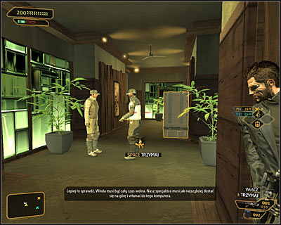 The nearby corridor is being patrolled by two guards (screen above) and the next three soldiers are stationed inside hacker's apartment - (4) Entering the hacker's apartment - Hunting the Hacker - Deus Ex: Human Revolution - Game Guide and Walkthrough