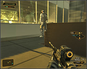 If you're intentions are to kill every guard present in the apartment, then the best choice would be to take cover somewhere near the entrance and then to attack enemy units - (5) Exploring the hacker's apartment - Hunting the Hacker - Deus Ex: Human Revolution - Game Guide and Walkthrough