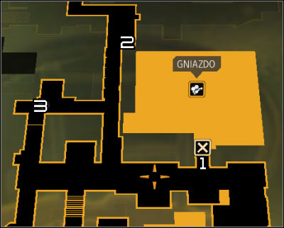 Map legend: 1 - Main entrance to the Hive nightclub; 2 - Ventilation shaft; 3 - Sewer grate - (6) Getting inside the Hive nightclub - Hunting the Hacker - Deus Ex: Human Revolution - Game Guide and Walkthrough