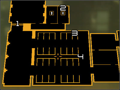 Map legend: 1 - Main passageway; 2 - Entrance to the vents; 3 - Exit from the vents; 4 - Computer terminal which controls the security turret - (11) Travelling through the locker room area - Hunting the Hacker - Deus Ex: Human Revolution - Game Guide and Walkthrough