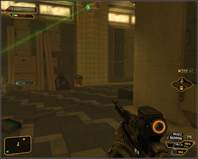 If you don't want to attack the guard in this room, then you can wait for him to go the other way and carefully move under the camera (screen above) - (11) Travelling through the locker room area - Hunting the Hacker - Deus Ex: Human Revolution - Game Guide and Walkthrough
