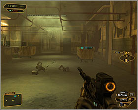 If you'd like to avoid enemy units, then you should ignore the first destroyable wall and proceed to the end of the corridor to find another one #1 - (12) Travelling through the laundry room area - Hunting the Hacker - Deus Ex: Human Revolution - Game Guide and Walkthrough
