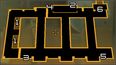 Map legend: 1 - Stairs leading to the cryo-sterilization room; 2 - Exit from the first shaft; 3 - Entrance to the second shaft; 4 - Exit from the second shaft; 5 - Terminal which controls laser beams; 6 - Passageway leading to the next area - (4) Peaceful solution: Travelling through the cryo-sterilization room - Searching for Proof - Deus Ex: Human Revolution - Game Guide and Walkthrough