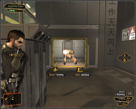 Start attacking enemy guards when you're ready #1, however you shouldn't also forget about the robot #2 which will join the battle sooner or later - (4) Aggressive solution: Travelling through the cryo-sterilization room - Searching for Proof - Deus Ex: Human Revolution - Game Guide and Walkthrough