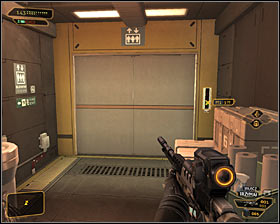 Proceed towards the northern door #1 and it shouldn't take long for you to find an elevator #2 - (5) Reaching the first elevator - Searching for Proof - Deus Ex: Human Revolution - Game Guide and Walkthrough