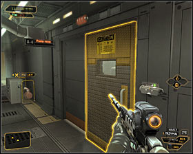The easiest solution is to shoot or stun the guard #1 - (5) Reaching the first elevator - Searching for Proof - Deus Ex: Human Revolution - Game Guide and Walkthrough
