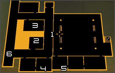 Map legend: 1 - Main entrance to the laboratory; 2 - Vent in the southern storage area; 3 - Access card; 4 - Entrance to the shaft; 5 - Exit from the shaft; 6 - Upper balcony - (7) Peaceful solution: Travelling through the laboratories - Searching for Proof - Deus Ex: Human Revolution - Game Guide and Walkthrough