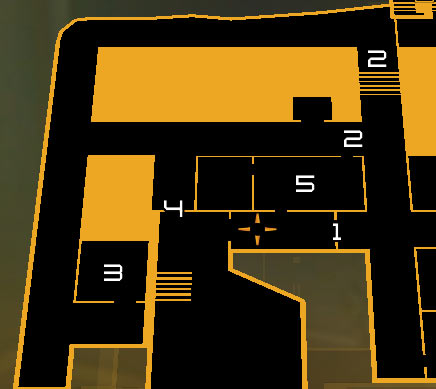 Map legend: 1 - Main entrance guarded by a soldier; 2 - Laser beams; 3 - Southern storage area (vent and a destroyable wall); 4 - Door leading to the laser room; 5 - Guard post - (8) Peaceful solution: Reaching the Data Core - Searching for Proof - Deus Ex: Human Revolution - Game Guide and Walkthrough