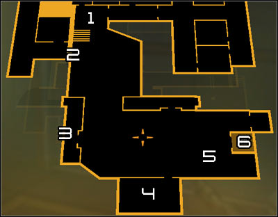 Map legend: 1 - Start; 2 - Alternative start (exit from the shaft); 3 - Entrance to a new shaft; 4 - Guard post; 5 - Terminal which controls laser beams; 6 - Elevator - (9) Heading through the laser room - Searching for Proof - Deus Ex: Human Revolution - Game Guide and Walkthrough