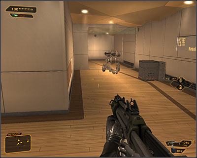 Aside from human guards you'll also have to deal with a robot patrolling this floor (screen above) - (8) Aggressive solution: Reaching the Data Core - Searching for Proof - Deus Ex: Human Revolution - Game Guide and Walkthrough