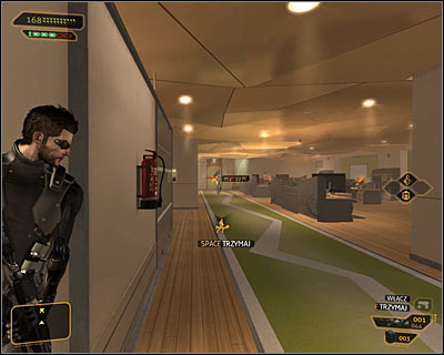 This office is being patrolled by only two soldiers - (1) Peaceful solution: Going through the offices - Entering the Dragon's Lair - Deus Ex: Human Revolution - Game Guide and Walkthrough