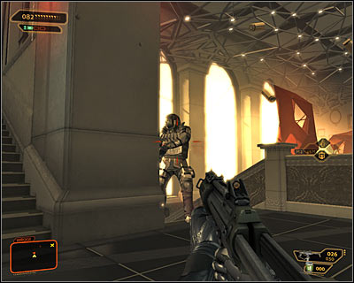 Get rid of the closest enemy units and then take cover near to the stairs leading to the main hall of the penthouse (screen above) - (4) Aggressive solution: Leaving the penthouse - Entering the Dragon's Lair - Deus Ex: Human Revolution - Game Guide and Walkthrough