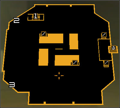 Map legend: 1 - Stairs leading to upper balconies; 2 - Northern control room; 3 - Southern control room - (5) Aggressive solution: Opening the hangar door - Entering the Dragon's Lair - Deus Ex: Human Revolution - Game Guide and Walkthrough
