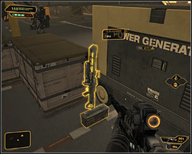 If you don't have any EMP grenades in your inventory you'll have to use a good weapon or find one - (5) Aggressive solution: Opening the hangar door - Entering the Dragon's Lair - Deus Ex: Human Revolution - Game Guide and Walkthrough