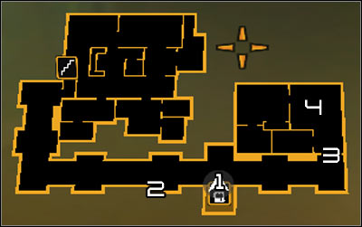 Map legend: 1 - Exit from the elevator; 2 - Exit from the shaft; 3 - Main entrance to Jaya's apartment; 4 - Jaya - Bar Tab (steps 5-7) - Side quests - Deus Ex: Human Revolution - Game Guide and Walkthrough