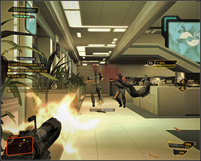 Don't waste time on using Eliza Cassan's computer, as getting noticed by the security cameras shouldn't be too much of a problem for you - (2) Aggressive solution: Getting out of the ambush - Confronting Eliza Cassan - Deus Ex: Human Revolution - Game Guide and Walkthrough
