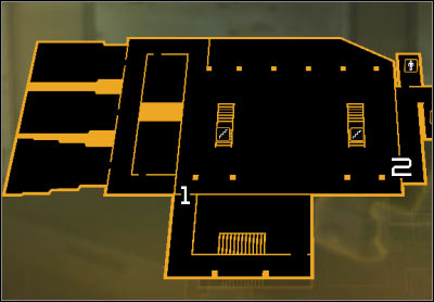 Map legend: 1 - Server room passage (level 6); 2 - Lobby passage (level 6) - (2) Aggressive solution: Getting out of the ambush - Confronting Eliza Cassan - Deus Ex: Human Revolution - Game Guide and Walkthrough