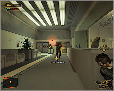 A few moments later you should reach the lobby, which depending on the battles you might have had before can be either empty or occupied by two guards (screen above) - (2) Aggressive solution: Getting out of the ambush - Confronting Eliza Cassan - Deus Ex: Human Revolution - Game Guide and Walkthrough