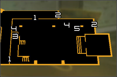 Map legend: 1 - Passage to the funicular room; 2 - First shaft entrance and exit; 3 - Upper balconies stairs; 4 - Second shaft entrance and exit; 5 - Turret control terminal - (4) Aggressive solution: Reaching the funicular - Confronting Eliza Cassan - Deus Ex: Human Revolution - Game Guide and Walkthrough