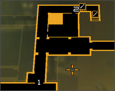 Map legend: 1 - South room entrance; 2 - Stairs leading onto the upper level - (7) Peaceful solution: Reaching the staircase - Confronting Eliza Cassan - Deus Ex: Human Revolution - Game Guide and Walkthrough
