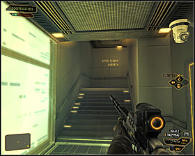 Stay cautious, as the corridor north of the guards lodge is patrolled by a single mercenary #1 - (7) Peaceful solution: Reaching the staircase - Confronting Eliza Cassan - Deus Ex: Human Revolution - Game Guide and Walkthrough